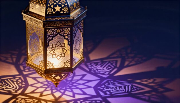 ornamental 3d hanging lantern icon casting intricate islamic geometric light patterns perfect for islamic celebrations