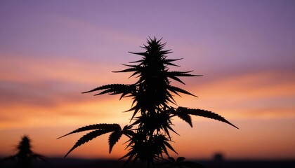 A distinct silhouette of a mature cannabis plant with prominent buds and leaves stands starkly against a dramatically colored sunset sky, featuring rich hues of purple and orange as daylight fades.