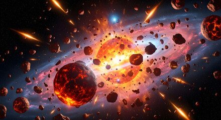 Obraz premium A vibrant cosmic display featuring an erupting star at the center, surrounded by asteroids, streaks of light, and a swirling galaxy backdrop