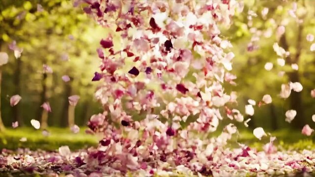 Dappled Forest Floor Twirl petal swirl spring A low angle perspective focusing on the forest floor, where fallen spring petals are gently swept into a slow, mesmerizing swirl