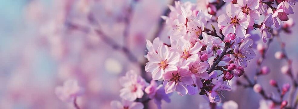 beautiful spring background with colorful flowers, pastel colors of pink and purple, panoramic banner with an empty center for text Generative AI
