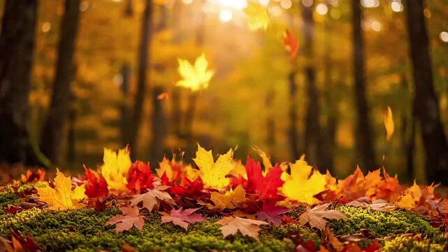 Maple Leaf Carpet maple leaves autumn Wide shot or slow pan of a forest floor densely covered with various colored maple leaves,