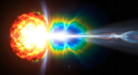 A vibrant cosmic event unfolds, depicting an explosion of energy with bright colors and a powerful beam extending