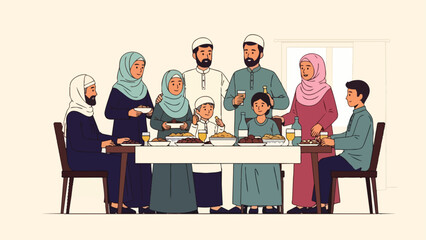 Modern flat vector illustration depicting a happy Muslim family enjoying and sharing traditional food together at the table during Ramadan or Eid al-Fitr. Concept of iftar, sahur, and the celebration 
