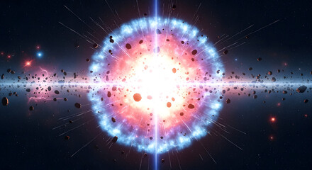 A vibrant cosmic event unfolds, depicting an explosive energy release surrounded by asteroid fragments in deep space