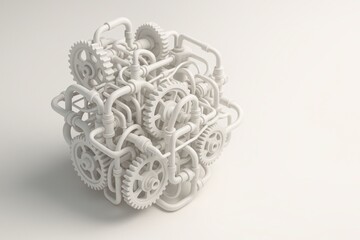 Mechanical Assemblage: A complex arrangement of gears, pipes, and other mechanical components forms an abstract sculpture, showcasing intricate design and technological innovation.