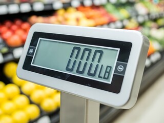 Digital scale displaying weight in a grocery store with fresh produce in the background