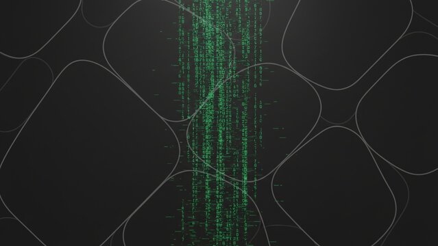 A digital background featuring cascading green text on a dark surface, resembling a matrix code effect.