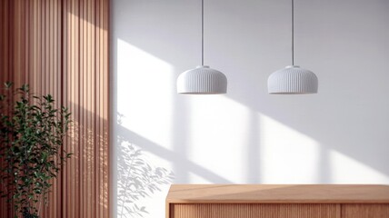 Minimalist Interior With Wooden Sideboard, White Paper Lanterns, And Potted Plant Casting Shadow
