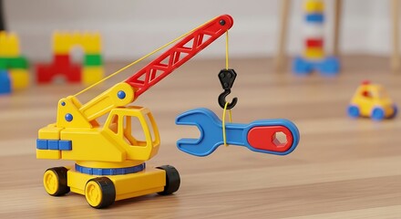 Creative construction play, vibrant toy crane lifting a colorful wrench