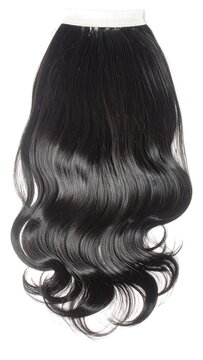 Close-up of glossy, dark wavy hair. The texture is smooth, with curls at the ends. It's against a stark white backdrop