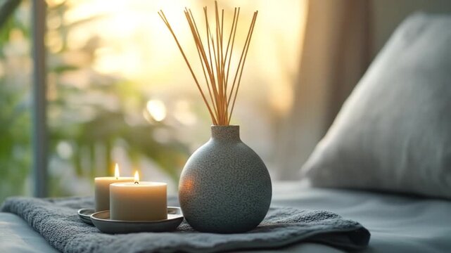 Lit candles and a reed diffuser on a towel, sunlight streams through window, peaceful scene