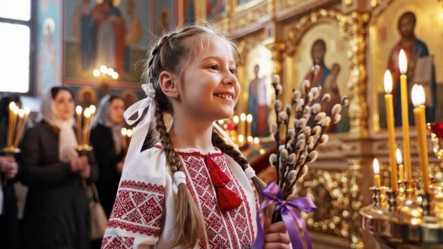 A radiant young girl, adorned in a beautifully embroidered traditional garment, holds a bundle of delicate pussy willow branches tied with a vibrant purple ribbon. Her face beams with a heartwarming s