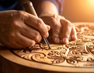 Close-up of hands carving intricate floral designs into a wooden surface with a chisel, lit by warm sunlight