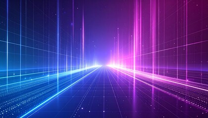 Modern technology background for business presentation, abstract geometric shapes, digital grid and light streaks, blue and purple gradient