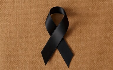 Black ribbon symbolizing mourning on brown background