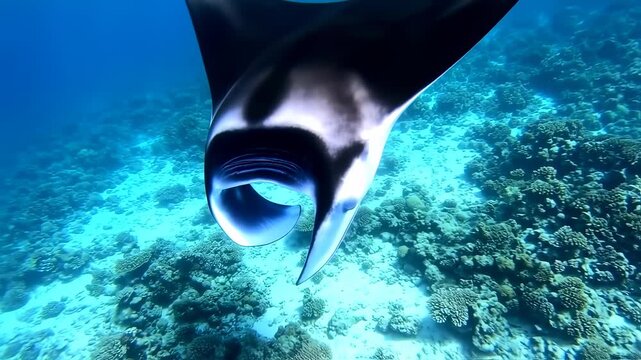 Graceful manta ray swims effortlessly in turquoise ocean waters above coral reef