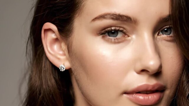 Youthful woman's face with radiant skin and sparkling diamond stud earring