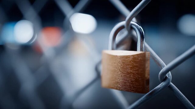 Secure Boundaries: A close-up view of a golden padlock securing a chain link fence. Capturing the essence of protection and safety in the realm of security.