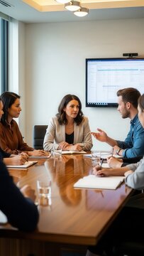 Business meeting with team discussion.