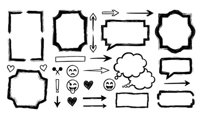 Obraz premium Grunge hand drawn doodle frames shapes arrows hearts and speech bubbles vector set