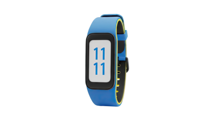 Blue fitness tracker with yellow trim displaying the time 11:11
