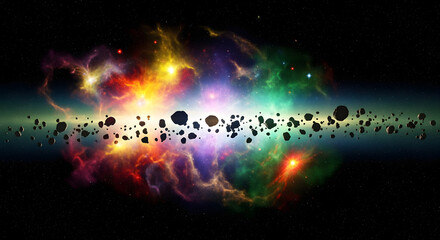 A vibrant, expansive depiction of a celestial ring and multi-colored nebulae against a black backdrop