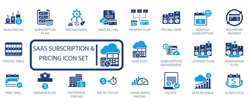 SaaS subscription and pricing icon set featuring payment plans, billing cycles, monthly subscriptions, enterprise pricing, software costs, and recurring payment model symbols.