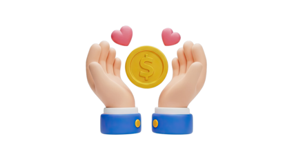 3D Illustration of Hands Holding Dollar Coin with Hearts