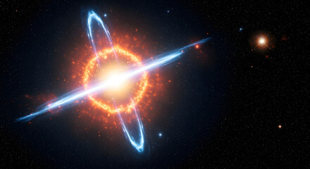 A vibrant, simulated depiction of a cosmic event showcasing a bright burst of energy and surrounding celestial phenomena