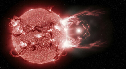 A vibrant, red celestial body flares out, displaying intense energy and dynamic, radiant trails in the surrounding, dark expanse