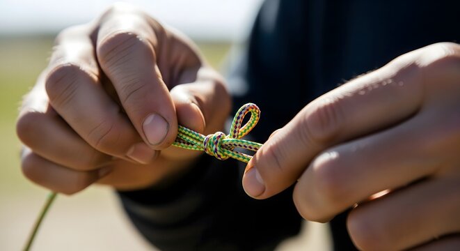 Hands Tying Kite String Knot Preparing Manja for Festival Flying