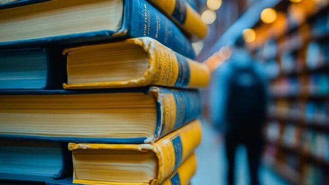 Close-up of stacked old blue and yellow books in a blurry library with a person walking