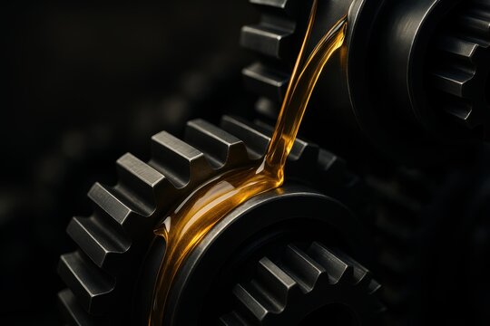 Lubrication: Close-up of gear wheels with oil pouring over. A striking depiction of the importance of lubrication for proper function