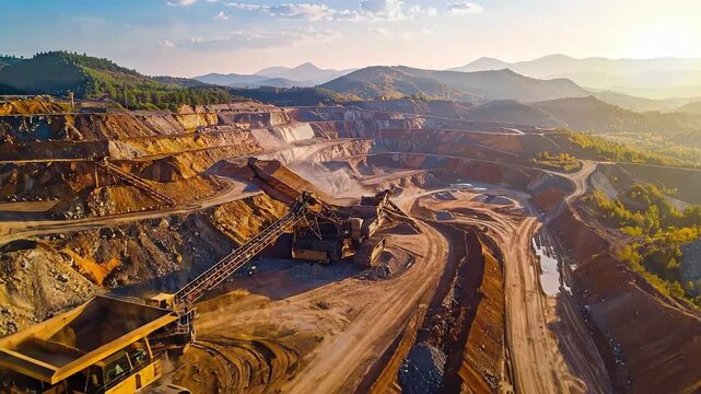 Aerial view of a large open-pit mine with heavy machinery and winding roads.