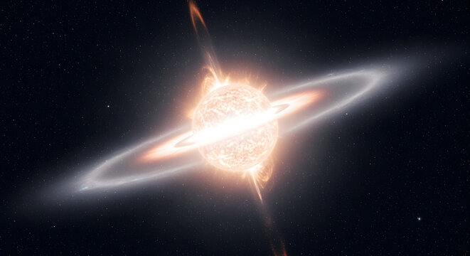 A vibrant stellar body at the galactic center. Surrounded by a glowing ring, with light emanating in space - Powered by Adobe