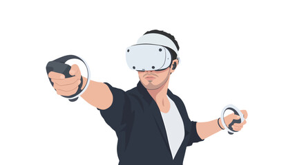 Man wearing VR headset and controllers in a minimalist white background
