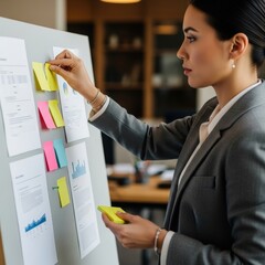 Businesswoman planning with sticky notes.