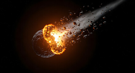 Digital artwork of a planet being impacted by another celestial body, resulting in a large explosion with debris and vapor