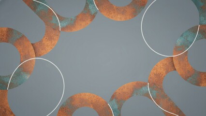 An abstract design featuring curved shapes with a mix of orange, blue, and gray colors, set against a muted background.