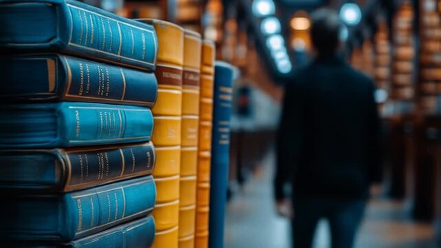 Stacked classic blue and gold books fill foreground, blurred library aisle behind