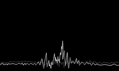 A simple minimalist illustration of a sound waveform, audio signal, or music wave displayed as a thin white line against a stark black background. Suitable for use in audio production and others