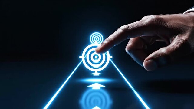 Businessman interacts with a futuristic digital interface, visualizing goal setting, career path, and strategic achievement. Concept of personal development, professional growth, and success through..