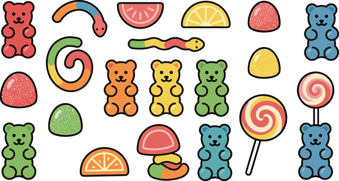 Cartoon candy assortment illustration, gummy bears, lollipops, fruit slices, jelly beans, colorful sweets, playful vector snack design