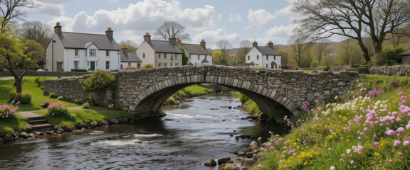 Stone bridge river village cottage spring flower tree cloud stone bridge over river quiet village with cottage and spring flower soft cloud sky
