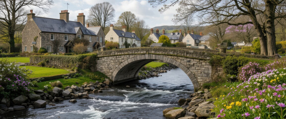 Stone bridge river village house garden tree flower spring countryside stone bridge over river peaceful village with garden and flower soft spring