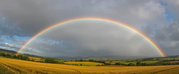 Rainbow sky cloud field countryside landscape nature horizon Serene rainbow arch over rural field under cloudy sky after summer rain