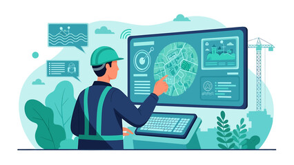 Fototapeta premium Engineer interacting with advanced digital control panel and data visualization.