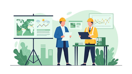 Two engineers discussing project plans in a modern office setting.