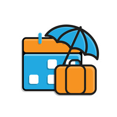 Vacation icon. Travel. Backpack with umbrella and calendar on the back. Long holiday, beach, mountain. Isometric design style.